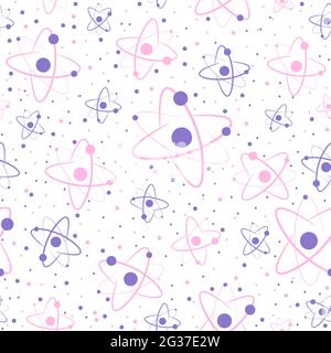 Pink and purple seamless pattern with chemical elements. Repeat background with atoms, protons and neutrons. Energy and molecular cells texture about Stock Vector