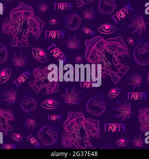 Purple psychedelic seamless pattern with gradient occult elements. Narcotic repeat background with mushrooms, eyes, potions, marijuana and other spell Stock Vector