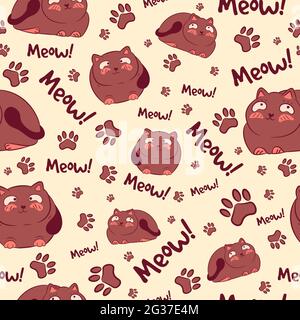Brown seamless pattern with kawaii cats, meows and paws. Repetitive background with fat kitties and feline elements. Animal texture for scrapbooks and Stock Vector
