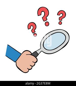 Cartoon vector illustration of hand holding magnifying glass and question marks, examine. Colored and black outlines. Stock Vector