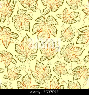 Autumn seamless pattern with gradient grape leaves on a green surface. Repetitive and symmetric background with mapple and vine leaf. Botanical textur Stock Vector