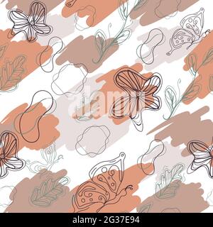 Minimal abstract wall painting. Line art seamless pattern with contour of butterflies, flowers, leaves and amoeba. Repeat background Stock Vector