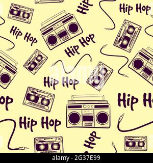 Vintage seamless pattern with old music hip hop elements. Repetitive background with boomboxes, cassettes and cables. Nostalgic retro art from the 90s Stock Vector