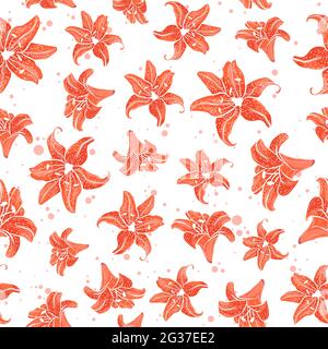 Summer seamless pattern with orange lilies. Flat floral illustration with repetitive motifs. Repeating background with flowers in bloom. Stock Vector
