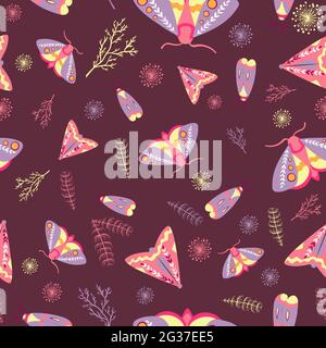 Bohemian and occult summer pattern with moths and night butterflies on a brown background. Repeat texture with cicadas and bugs. Tribal motifs with in Stock Vector