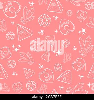 Pink occult seamless pattern with witch objects. Repetitive New Age background with illuminati pyramids, crystals, ouija planchettes and pentagrams. W Stock Vector