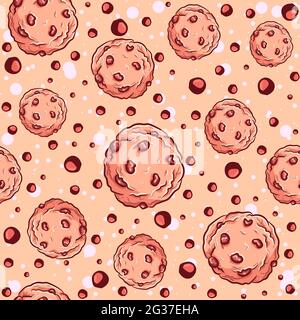 Sweet and delicious seamless pattern with brown chocolate chips biscuits. Repetitive background with baked crunches and pastry elements. Texture vecto Stock Vector