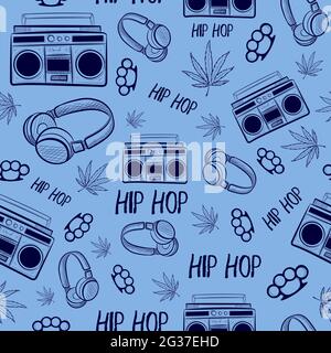 Vintage seamless pattern with retro and hip hop music elements sketches. Repetitive background with radio, cassette, brass knuckles and marijuana leaf Stock Vector