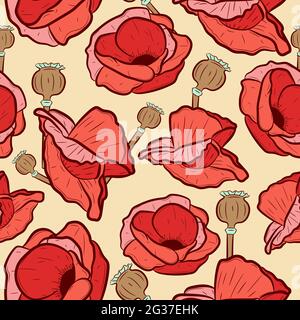 Red papaver somniferum seamless pattern with bulbs. Repeat background with pink pastel poppies and seeds. Vintage floral texture with romantic flowers Stock Vector