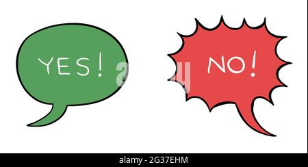 Cartoon vector illustration of speech bubble with yes and exclamation bubble with no. Colored and black outlines. Stock Vector