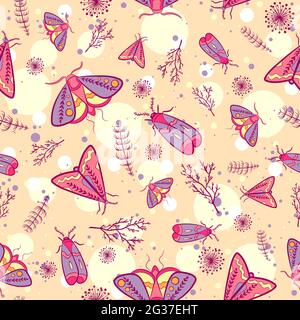 Pink and yellow summer pattern with flying moths and plants. Repeat background with night butterflies, dandelions, leaves and branches. Stock Vector