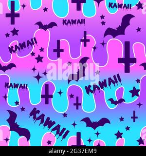 Dark lolita seamless pattern with bats, crosses and stars on a galaxy psychedelic background with gradient. Pastel goth repetitive texture Stock Vector