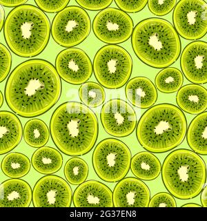 Green seamless pattern with ripe kiwis for summer. Repetitive background with citric fruits. Vector texture with tropical and organic food. Stock Vector