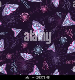 Moths and plants seamless pattern with occult and bohemian theme and pink blue colors. Repeat background with night butterflies and garden life. Stock Vector