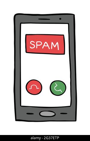 Cartoon vector illustration of spam call on smartphone. Colored and black outlines. Stock Vector