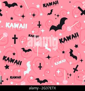Pastel goth background with bats, lollipops, crosses and stars. Seamless kawaii pink pattern with spooky Halloween elements and creepy doodles. Stock Vector