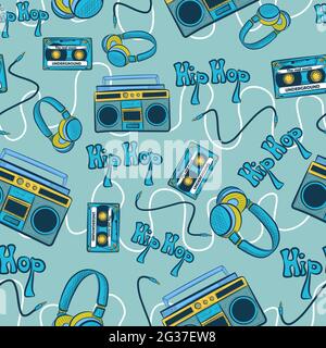 Blue hiphop seamless pattern with recorders, cassettes, headphones and cables. Repetitive background with hip hop underground culture elements. Stock Vector