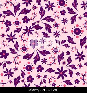 Pink and purple seamless pattern inspired by balkan folk motifs. Repetitive background with polish and hungarian ethnic elements. Stock Vector