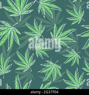 Green seamless pattern with medical herbs to smoke. Repetitive background with marijuana and cannabis leaves. Natural illustration of hemp. Stock Vector