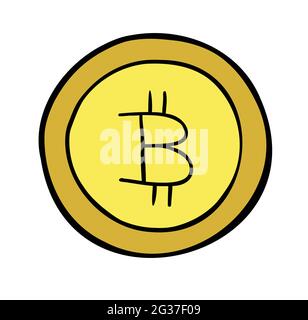Cartoon vector illustration of bitcoin coin. Colored and black outlines. Stock Vector