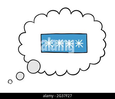 Cartoon vector illustration of 4 digit password in thought bubble. Colored and black outlines. Stock Vector