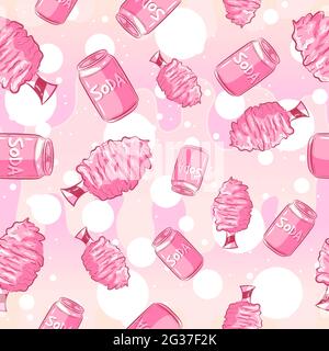 Kawaii seamless pattern with soda cans and cotton candy. Pink girly repetitive background with summer festival treats and beverages. Cute vector art Stock Vector