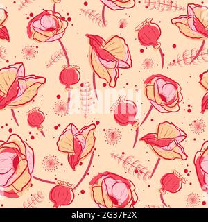 Elegant and vintage seamless pattern print with opium poppies. Repeat background with pink flowers and weeds. Floral feminine texture Stock Vector