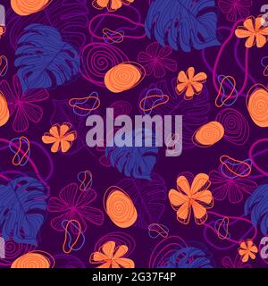 Modern seamless pattern with tropical exotic elements and vibrant colors. Repeat pattern with monstera leaves, hibiscus, plumeria flowers and amoeba. Stock Vector