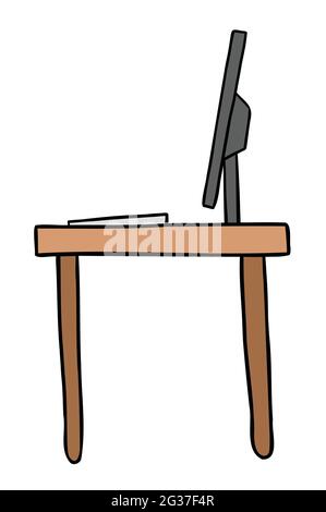 Cartoon vector illustration of computer desk. Colored and black outlines. Stock Vector