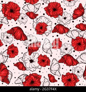 Red seamless pattern with sketch poppies.Repetitive floral background with garden flowers for spring and summer. Stock Vector