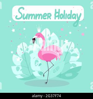 Pink flamingo poster for summer holidays, flamingos on a background of palm leaves. Exotic bird, vector illustration in flat style Stock Vector