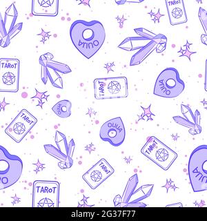 Pastel purple occult seamless pattern with ouija planchettes, tarot cards, gemstones and stars. Repeat background with wiccan and pagan magic objects. Stock Vector