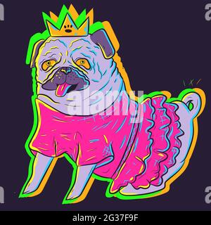 Cute neon pug in a pink tutu dress wearing a crown. Vector art of an animal in a costume under UV glowing lights. Small adorable dog Stock Vector