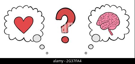 Cartoon vector illustration of heart and brain in a thought bubble, indecisive between the two. Colored and black outlines. Stock Vector