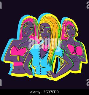 Vector art of three confident women in a gang posing and standing under UV neon lights. A group of proud drag queen friends. Cartoon character bringin Stock Vector
