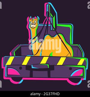 Vector of a camel in a towing car. Illustration of a neon animal inside a tow. Stock Vector