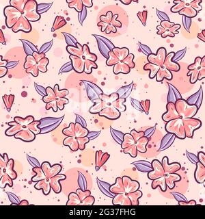 Pink seamless pattern for spring with sakura flowers and purple leaves. Repetitive spring background with floral and herbal motifs. Stock Vector