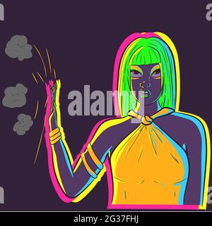 Talk to my hand vector. Illustration of a neon woman glowing in the dark under UV light ignoring everyone and stoping negativity. Drag queen with gree Stock Vector