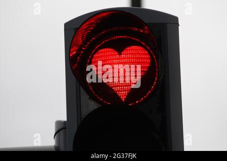 Traffic light, red traffic light, red light in heart shape, Akureyri, North Iceland, Iceland Stock Photo