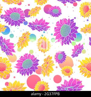 Gradient seamless pattern with colorful sunflowers and daisies. Rainbow floral repeat background with flowers. Repetitive summer texture with botany Stock Vector
