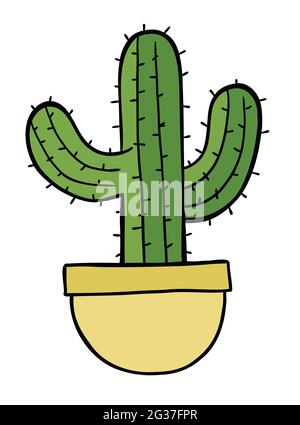 Cartoon vector illustration of cactus in pot. Colored and black outlines. Stock Vector