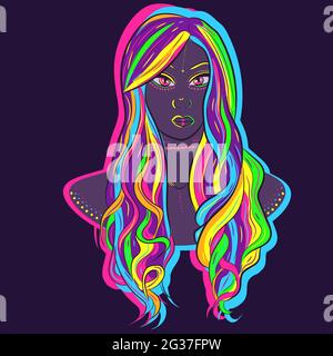 Neon illustration of a neon woman with colorful hair. Vector art of a mannequin wearing a rainbow curly wig. Stock Vector