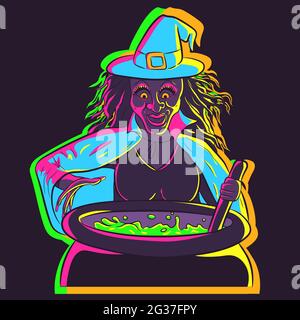 Vector of a neon witch stirring a cauldron with a stick. Evil Halloween woman under UV lights wearing a hat and a cape. Female casting a spell and cre Stock Vector