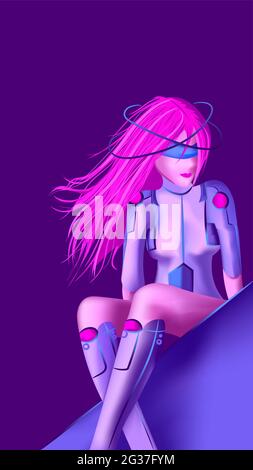 Futuristic cyborg woman in a robotic suit. Digital and artificial intelligence concept. Humanoid with pink hair in a glowing outfit. Stock Vector