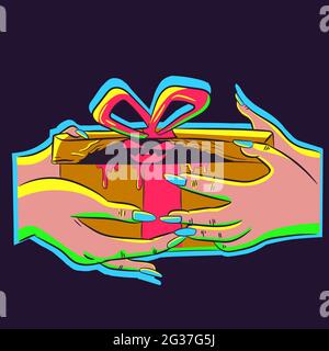 Vector art with a pair of hands giving a birthday gift with a monster with red eyes inside. Neon illustration of a christmas present with an evil hall Stock Vector