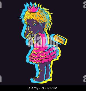 Cute illustration of a small cute neon baby with an expensive price tag. Adorable little girl in a princess tutu glowing in the night under UV lights. Stock Vector