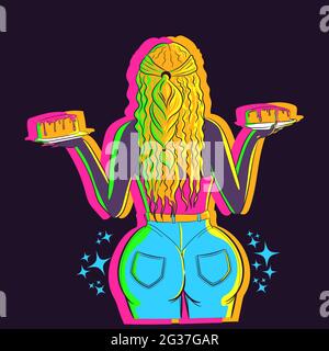 Vector art with the back view of a woman with curly braided hair and denim jeans under neon lights. Young waitress holding two plates with cake Stock Vector