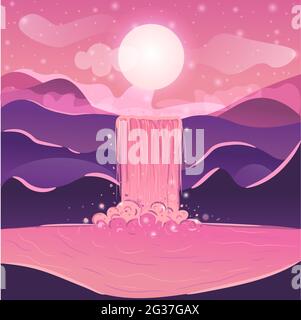 Panoramic twilight of a lake with waterfall on a sunset under the moonlight. Gradient vector with mountains, hills and water flowing in the river. Stock Vector