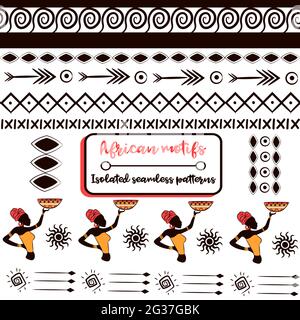 Ethnic tribal elements pack with african borders and motifs. Collection of folk and national seamless patterns from Africa. Isolated repeat background Stock Vector