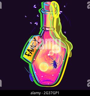 Vector art of a glowing neon bottle with cockroaches, flies and an used condom. Unpleasant and gross pink fancy bottle. Stock Vector